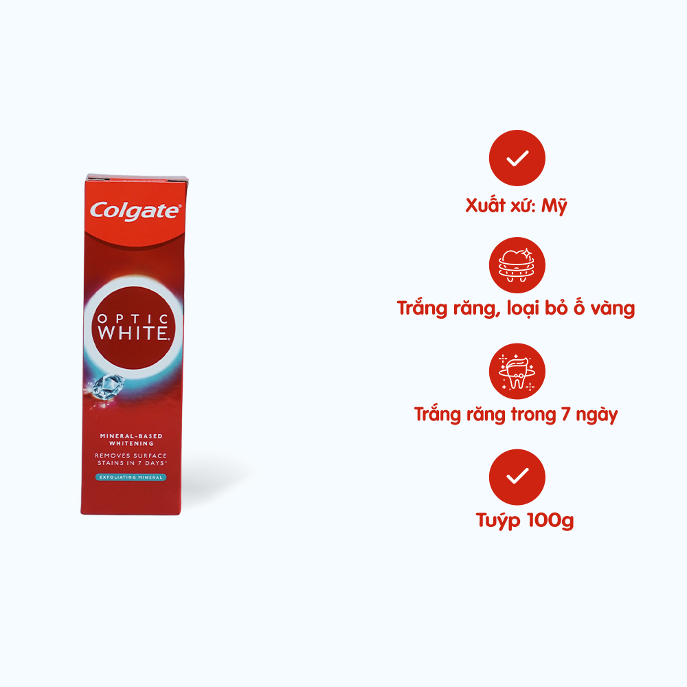 Colgate Core Kem đánh răng trắng sáng Colgate Optic White Exfoliating Mineral (100g)